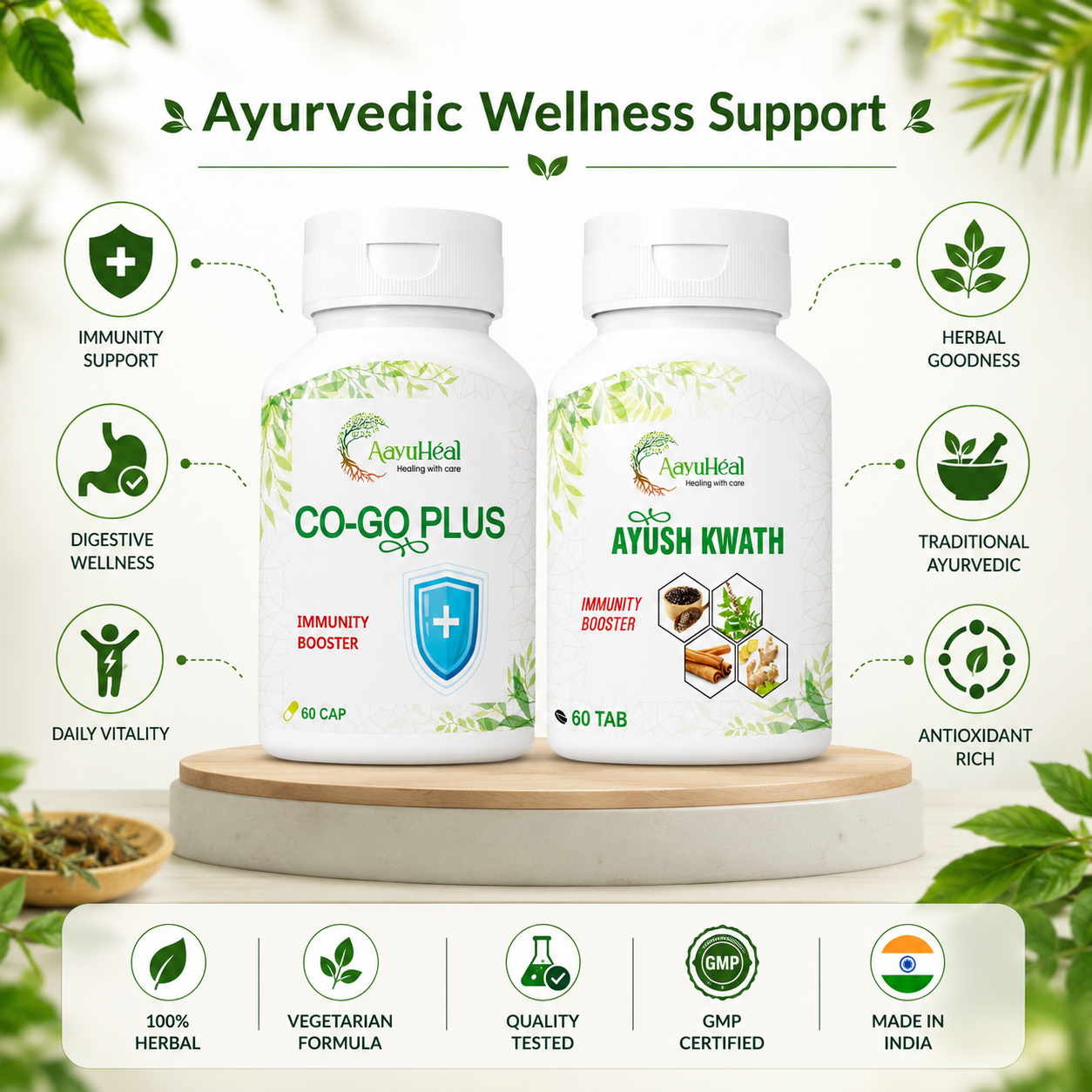 5 Immunity booster Support Kit | Ayurvedic Herbal Daily Wellness Combo | Immunity Veg Capsules & Ayush Kwath Tablets