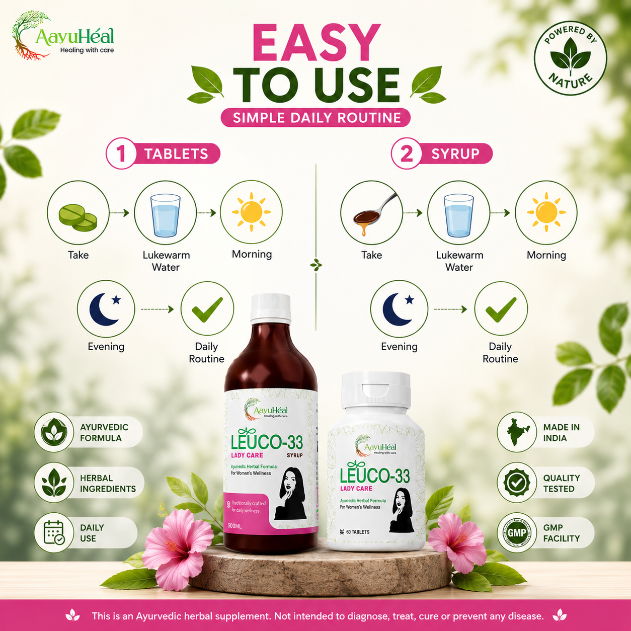 A product infographic for Aavuhéal Leuco-33 Ayurvedic tablets and syrup, showing how to use it in a daily routine with icons and descriptions for tablets and syrup, with the products displayed at the bottom on a wooden stand.
