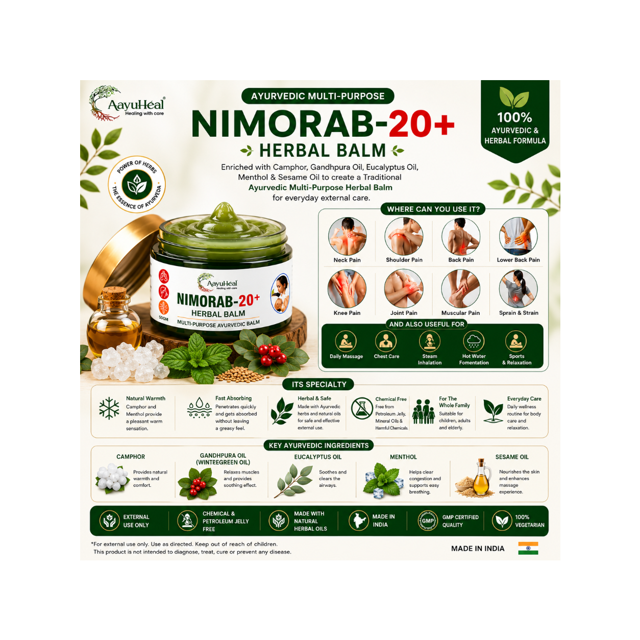 5 AayuHeal Nimorab-20+ Ayurvedic Herbal Balm for traditional herbal massage and everyday wellness.