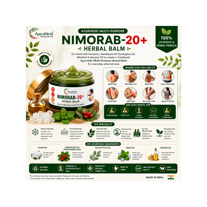 5 AayuHeal Nimorab-20+ Ayurvedic Herbal Balm for traditional herbal massage and everyday wellness.