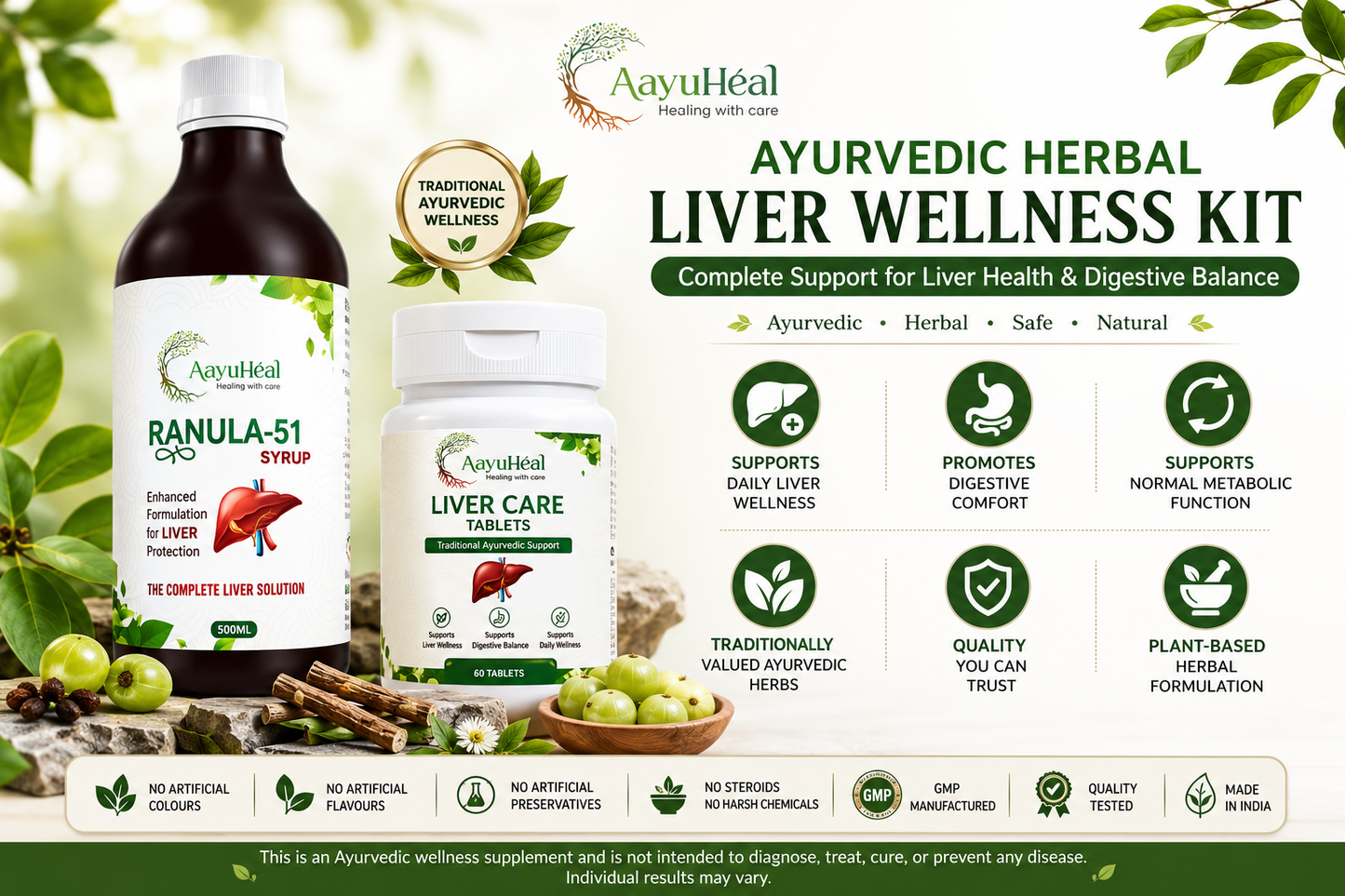 Ayurvedic Herbal Liver Wellness Kit by AayuHeal, featuring a dark brown syrup bottle labeled Ranula-51 and a white jar of Liver Care Syrup, set against a light green background with herbal illustrations and feature icons.