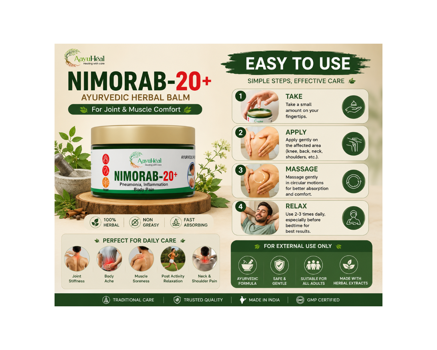 An infographic-style product card for Nimorab-20+ Ayurvedic herbal balm. The central product is a round white balm jar with a green and red label, shown on a wooden pedestal.