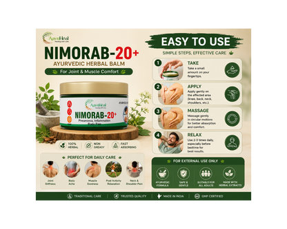 An infographic-style product card for Nimorab-20+ Ayurvedic herbal balm. The central product is a round white balm jar with a green and red label, shown on a wooden pedestal.