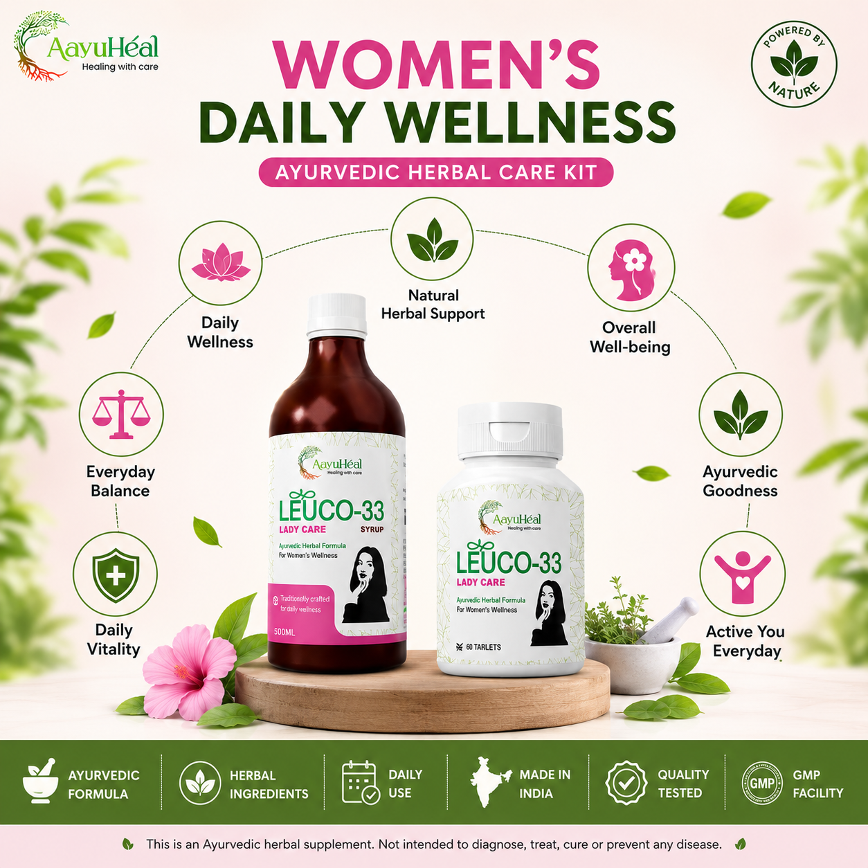 AayuHeal Women's Wellness Care Kit with Leuco-33 Tablets and Herbal Syrup for Ayurvedic Women's Daily Wellness Support