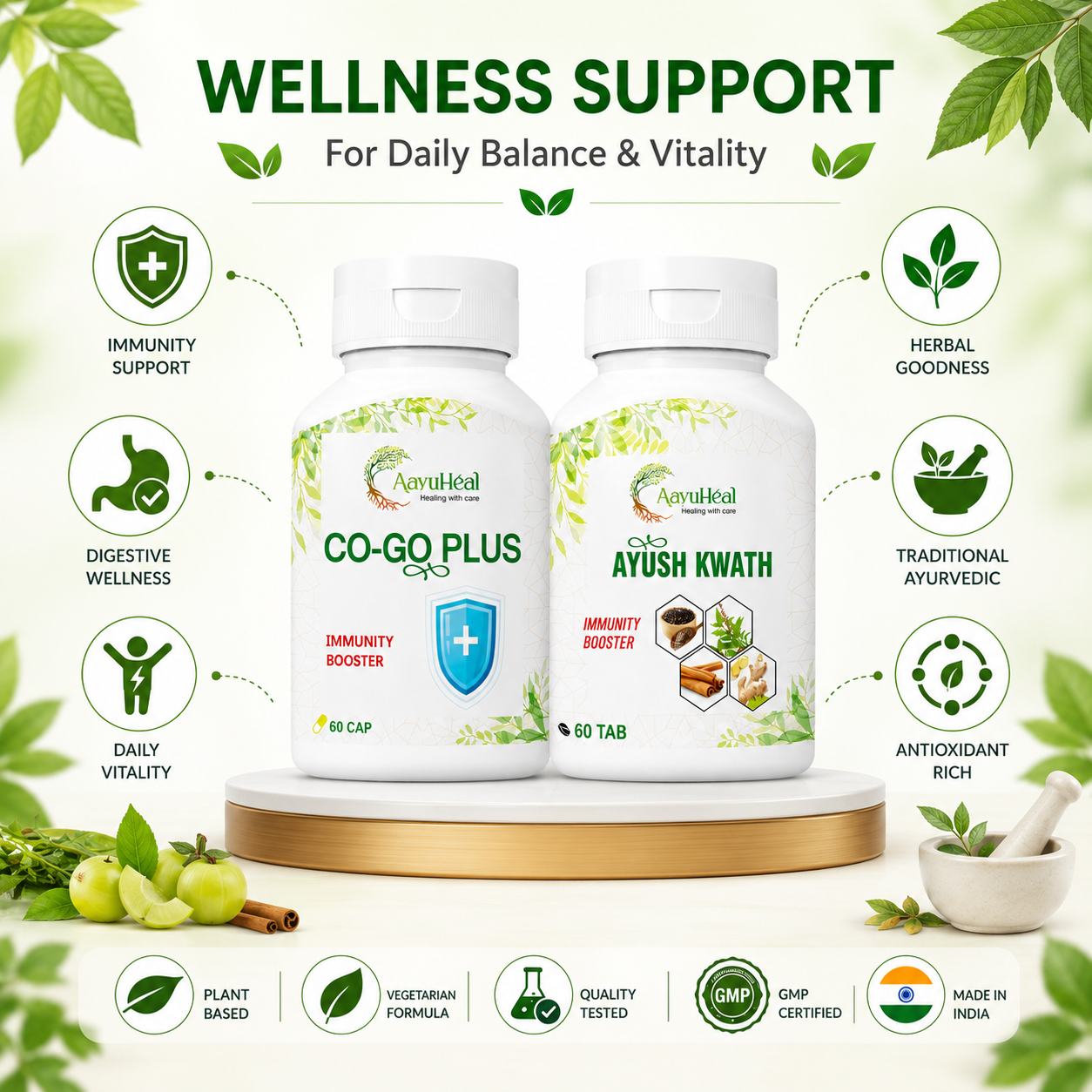 Immunity booster Support Kit | Ayurvedic Herbal Daily Wellness Combo | Immunity Veg Capsules & Ayush Kwath Tablets