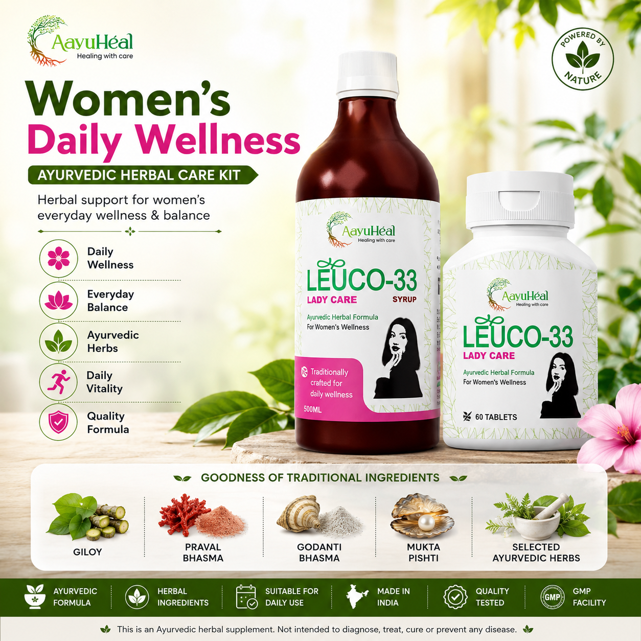 Support women's daily wellness with the AayuHeal Women's Wellness Care Kit. Ayurvedic herbal formula crafted to complement feminine wellness and everyday balance.